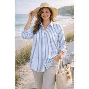 Talbots Blue & White Vertical Striped Boyfriend Shirt Women's Size Medium